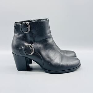 Born Boots Women 7.5 Black Leather Ankle Bootie Buckle Strap Block Heel Side Zip